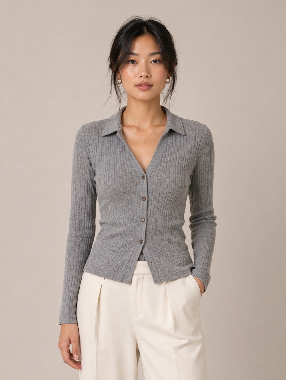 Banana Republic Heather Gray Ribbed Collared Top Small Button Front Stretch Knit